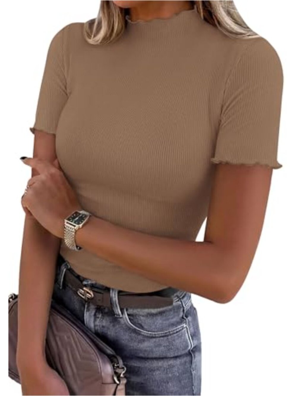 Ruffle Mock Neck Ribbed Fitted Short Sleeve Tee